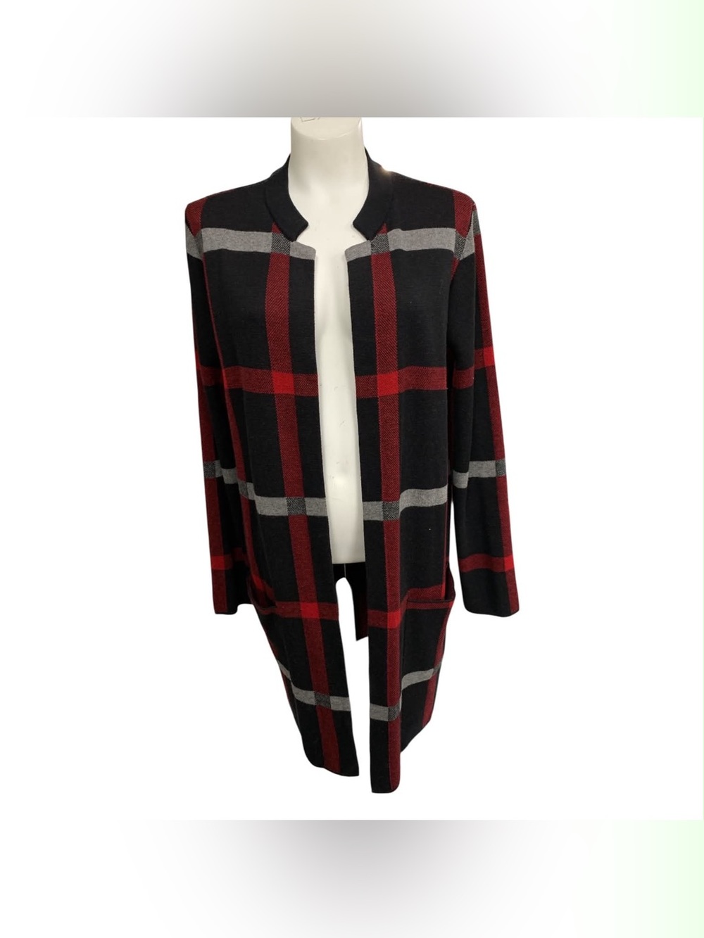 Kasper Black, Red & Gray Open-Front Plaid Long Cardigan Size M